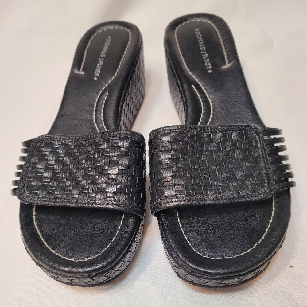 Donald J. Pliner Weave Black Leather Platform Open Toe Slide Sandals Size 10